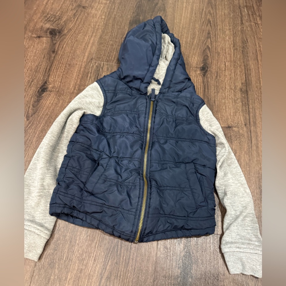 Boys Navy Hooded Vest with Gray Sleeves